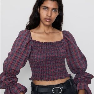 Zara Plaid Victorian Smocked Puff Sleeve Crop Top, XS
